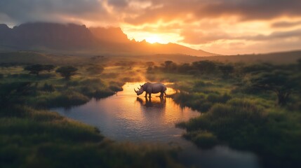 Rare white rhinoceros grazes peacefully near water under a vibrant sunset in Africa's wilderness
