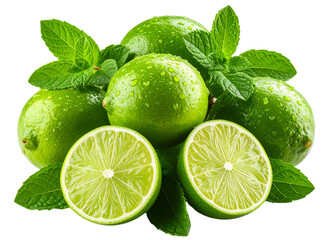 Stylized Lime and Mint Cluster with Water Droplets, Refreshing Concept, Transparent PNG