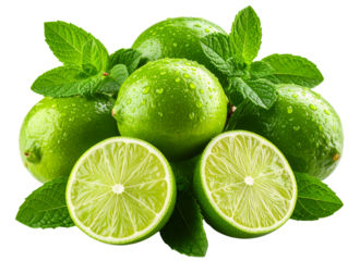 Stylized Lime and Mint Cluster with Water Droplets, Refreshing Concept, Transparent PNG