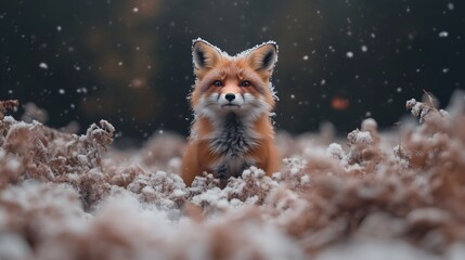 Obraz premium Red fox hunting in a snowy Scandinavian forest creates a captivating winter landscape