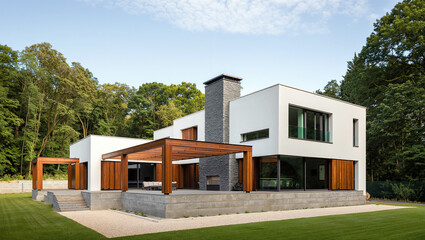 This contemporary house showcases sleek lines and large windows, blending with nature in a serene forest setting. Perfect for tranquil living and entertaining. Generative AI.