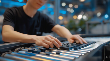 Fototapeta premium Technician Calibrating Conveyor System with Precision Tools