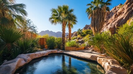 A serene outdoor pool surrounded by desert vegetation and mountains