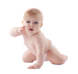 Cute little baby in diaper on white background