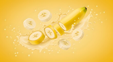 Fresh Banana Slices Splashing in Creamy Milk 