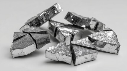 Fractured mirror pieces on white backdrop, broken reflections, sharp edges, minimalist chaos