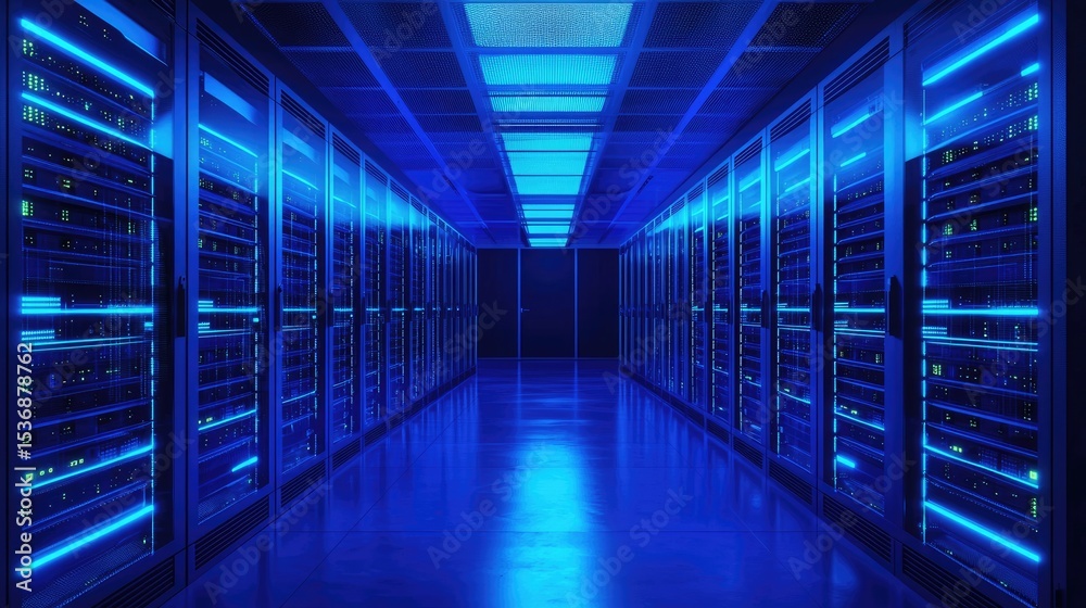 Poster symmetrical server corridor illuminated with vivid blue led lights, showcasing modern data infrastru
