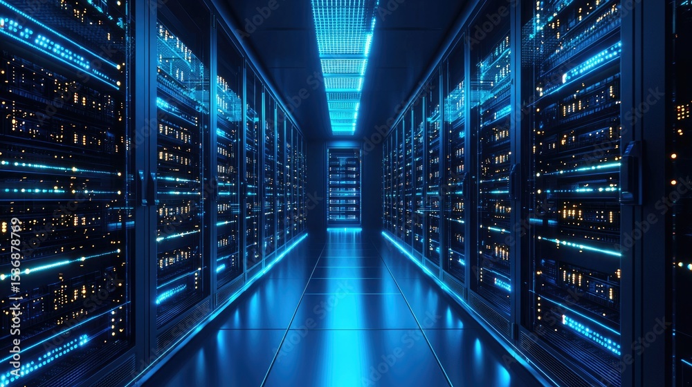 Poster blue-lit high-tech server corridor with glowing lights and reflective surfaces, perfect for illustra