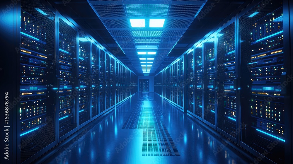 Poster data center corridor with reflective floor and vibrant blue lighting, showcasing symmetrical server 
