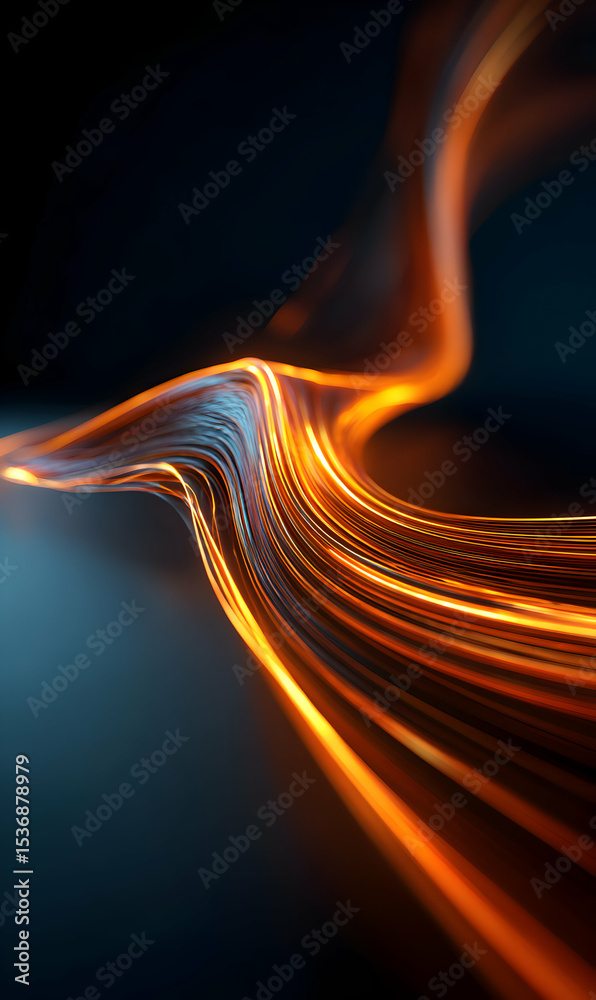 Poster illuminated paths of light creating a flowing abstract stream with vibrant oranges and cool blues sh