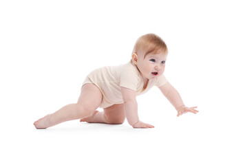 Cute little baby crawling on white background