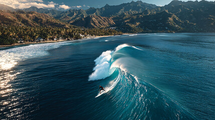 Surfer riding a massive wave in slow motion
