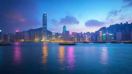 Fototapeta premium Urban Harbour Night Skyline with Skyscrapers and Neon Reflections