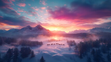 A herd of reindeer crosses a snowy Arctic plain at sunrise, with mountains behind and a sky in pink and purple hues
