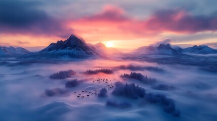 Herd of reindeer gracefully traversing a vast snowy Arctic plain at sunrise, surrounded by majestic mountains and vibrant skies