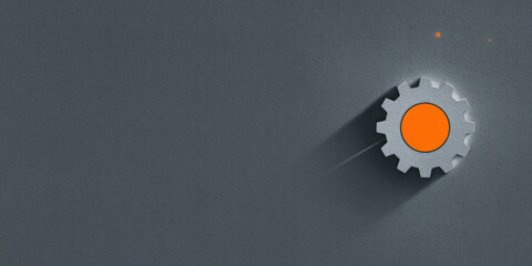 Creative Abstract Industrial Background: Minimalist Gear Icon in Cinema4D Style with Octane Rendering. 3D Design on Dark Gray Matte Surface, Orange Light Beam. Black Cubist Illustration Radiating Indu