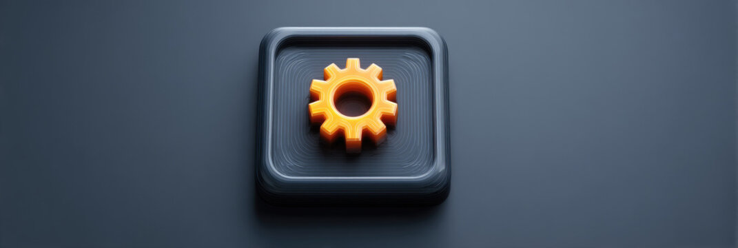 Creative Abstract Industrial Background: Minimalist Gear Icon in Cinema4D Style with Octane Rendering. 3D Design on Dark Gray Matte Surface, Orange Light Beam. Black Cubist Illustration Radiating Indu