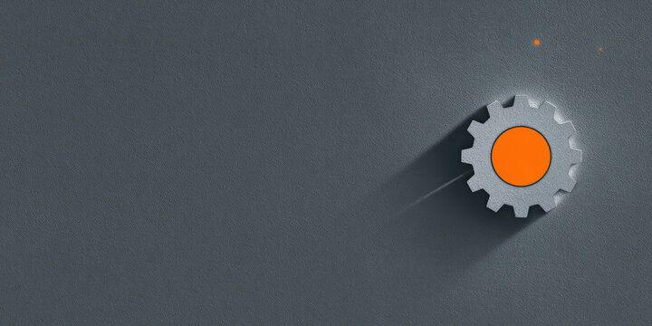 Creative Abstract Industrial Background: Minimalist Gear Icon in Cinema4D Style with Octane Rendering. 3D Design on Dark Gray Matte Surface, Orange Light Beam. Black Cubist Illustration Radiating Indu