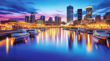 Obraz premium Urban Harbour Night Skyline with Skyscrapers and Neon Reflections