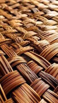 Detailed close-up of woven raffia, showing the interlaced texture, warm brown tones, and organic pattern suitable for backgrounds or design elements.