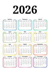 Calendar for 2026 isolated on a white background