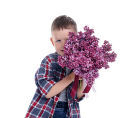Little boy with bouquet of lilac flowers on white background