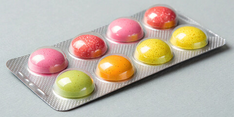 Colorful round pills in a blister pack on gray surface