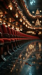 Elegant theater seating illuminated by soft lights creates a stunning atmosphere for an evening performance in a lavish venue