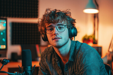 Portrait of a young man with headphones and glasses in a recording studio setting looking at camera
