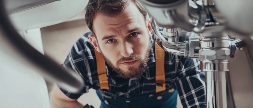 A close-up shot of a plumber fixing a pipe under a sink, with various tools scattered around, looking directly at the camera