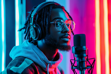 Man with headphones and glasses in front of a microphone with neon lights in the background studio setup