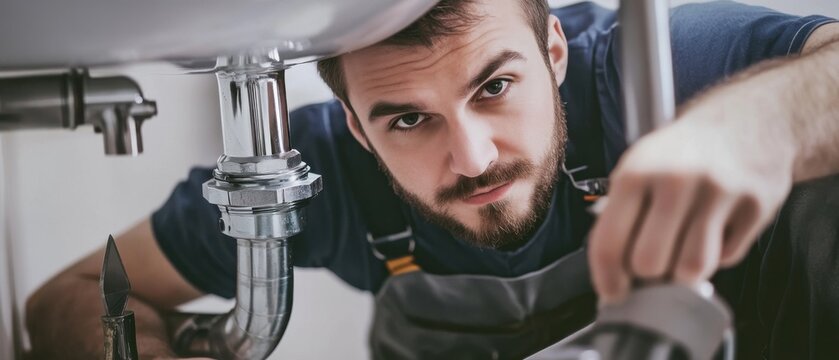 A close-up shot of a plumber fixing a pipe under a sink, with various tools scattered around, looking directly at the camera