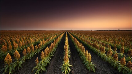 Field of tall sorghum under purple dusk sky long shadows stretching across farmland end of day warmth radiating over rows of resilient crops white background cut out on isolated transparent background