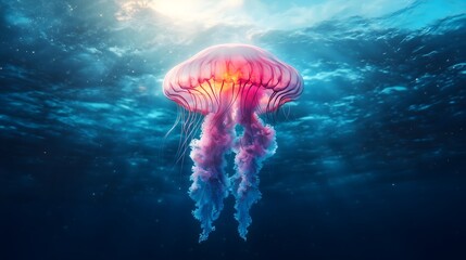 Jellyfish swarm glows softly in the dark ocean depths creating a mesmerizing underwater spectacle