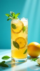 Fototapeta premium Close-Up of Chilled Lemon Ice Tea with Mint and Citrus Slices Against Blue Background
