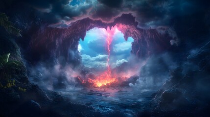 Glowing molten rock illuminates a lava tube cave with spectacular scenery in a volcanic landscape