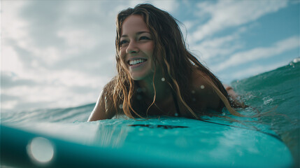 A smiling woman with long hair surfing on a turquoise board in the ocean on a sunny day with clouds
