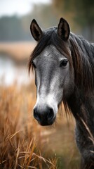 Obraz premium Gray horse stands gracefully near a calm river during autumn in a serene landscape with golden grass and softly blurred trees