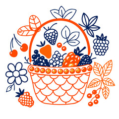  Canasta decorativa estilizada en colores rojo y azul llena de diferentes bayas, rodeada de hojas, flores y cerezas. Composición gráfica con estilo simétrico y alegre.
