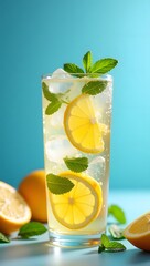 Fototapeta premium Close-Up of Chilled Lemon Ice Tea with Mint and Citrus Slices Against Blue Background