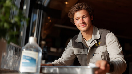 Technician cleaning tools with sterilization tray and polish remover