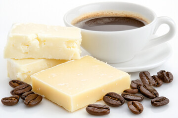 Espresso served with aged cheese and coffee beans on table