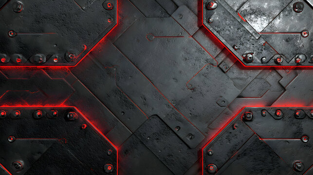 Intricate metal plating design illuminated with vibrant red accents, creating a futuristic aesthetic backdrop
