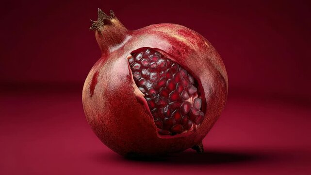Pomegranate with sectioned seeds against a deep red background