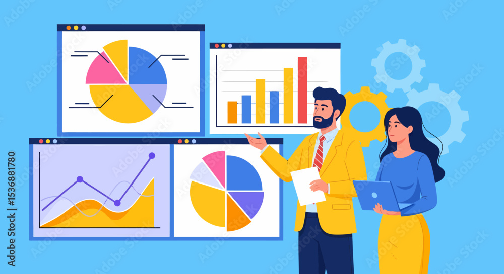 Poster data analytics team presenting insights on charts and graphs