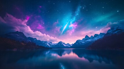 Meteor streaking across a vibrant starry sky above serene mountains and reflective waters at dusk