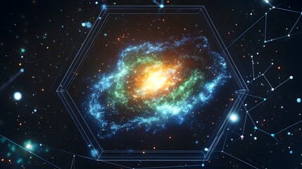 Obraz premium Vibrant Galaxy Nebula Cosmic Energy Hexagon Frame