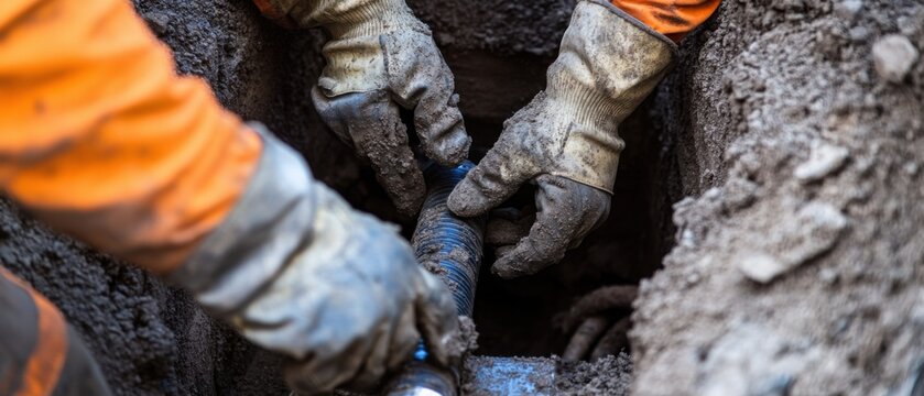A close-up shot of a plumber repairing sewer lines in a municipal infrastructure overhaul, Municipal sewer repair scene, Practical and precise style