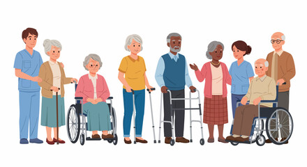 Group of Senior People with Caregiver and Walkers Illustration