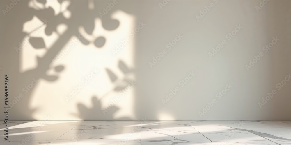 Poster natural shadows form unique patterns on a minimalist wall and floor, creating an inviting atmosphere